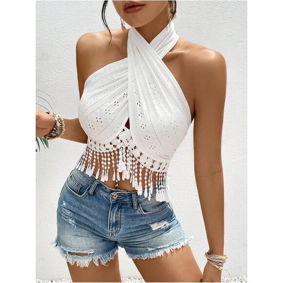 Women's Cropped Tank Top Polyester Slim Fit Halter Tassel Casual Wear - Picture 3 of 7